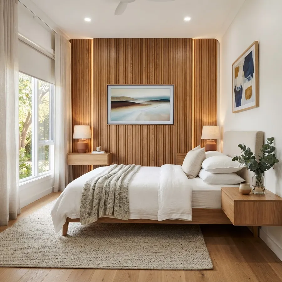 Bedroom TV mounted on an oak slat feature wall with floating shelves in Melbourne