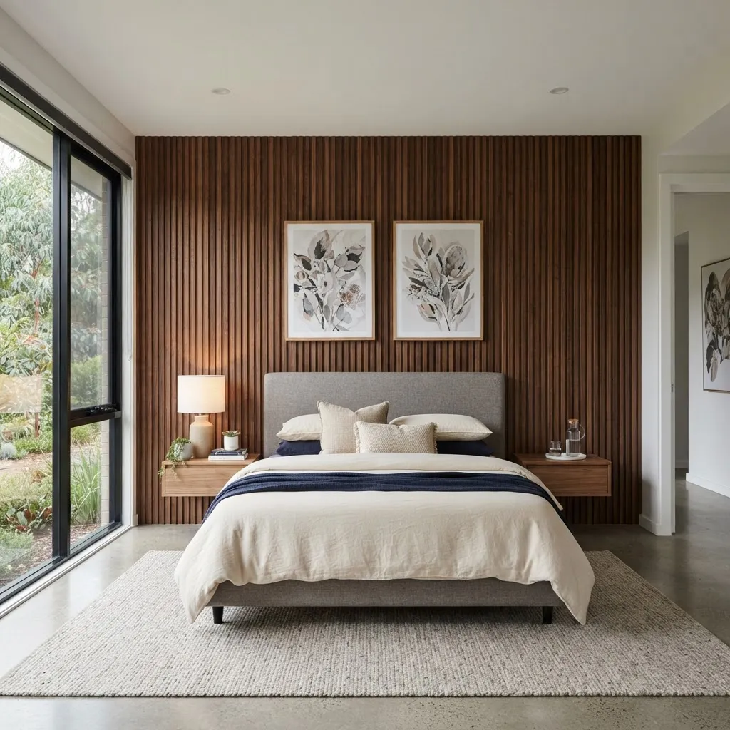 Melbourne bedroom with walnut acoustic slat wall panels installed