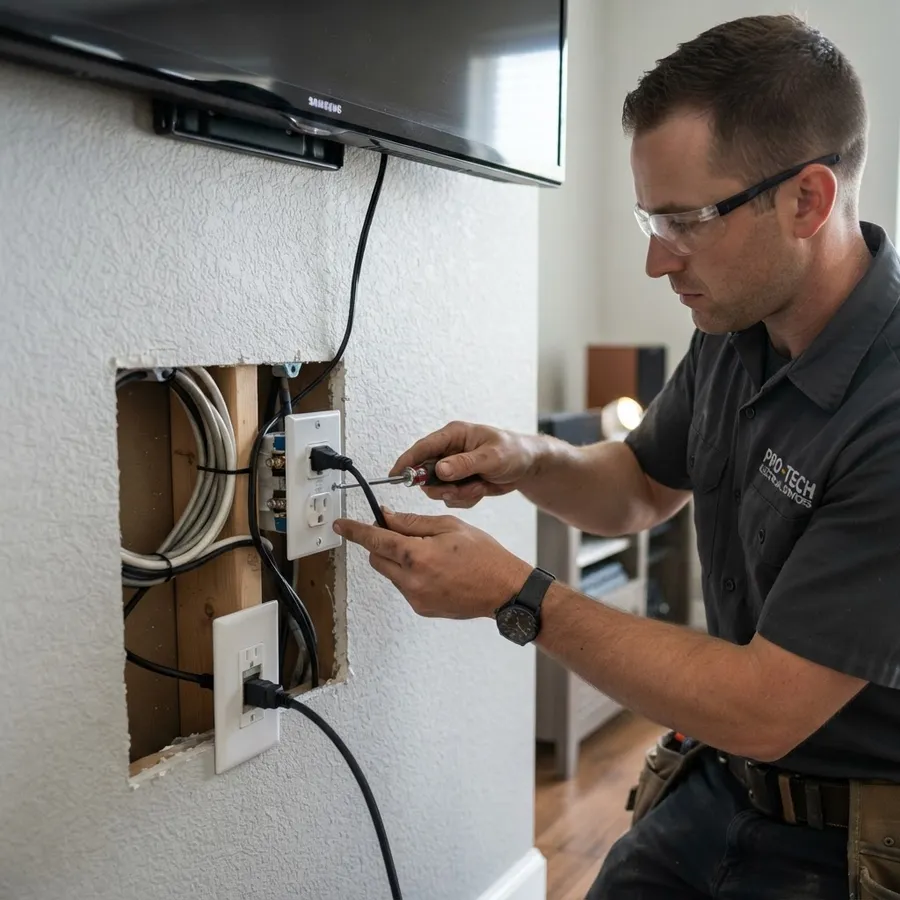 Recessed power point and concealed cabling behind a wall-mounted TV in Melbourne