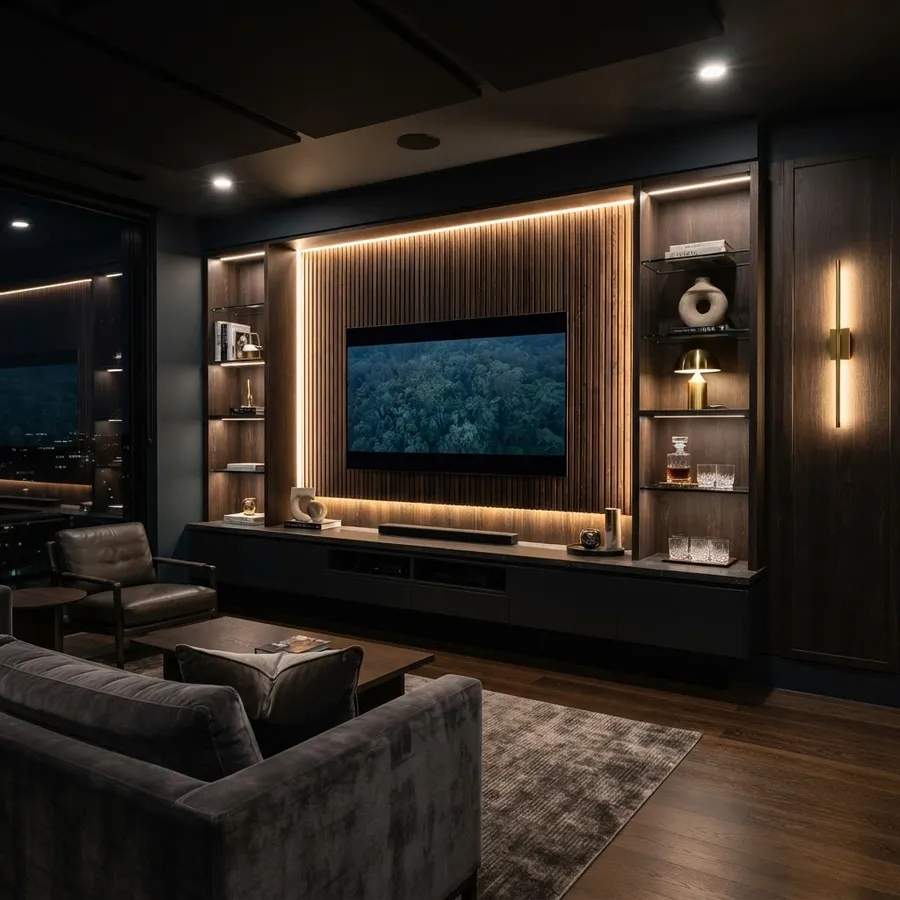 Full custom media wall with backlit slat panels and shelving in a Melbourne home