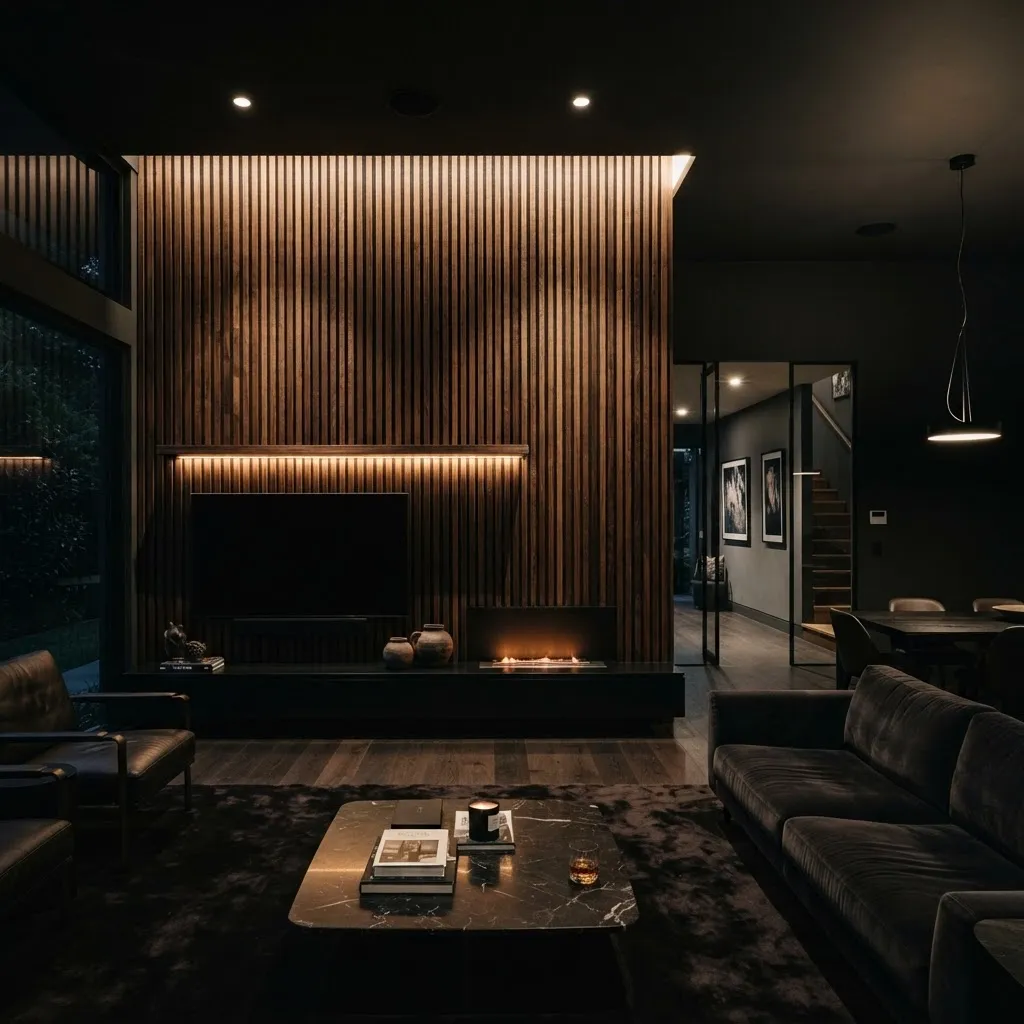 Moody Melbourne living room with a dark timber slat feature wall