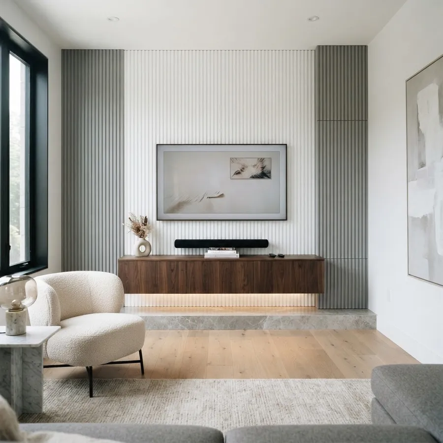 Fluted timber feature wall panel with a floating TV cabinet in a Melbourne lounge