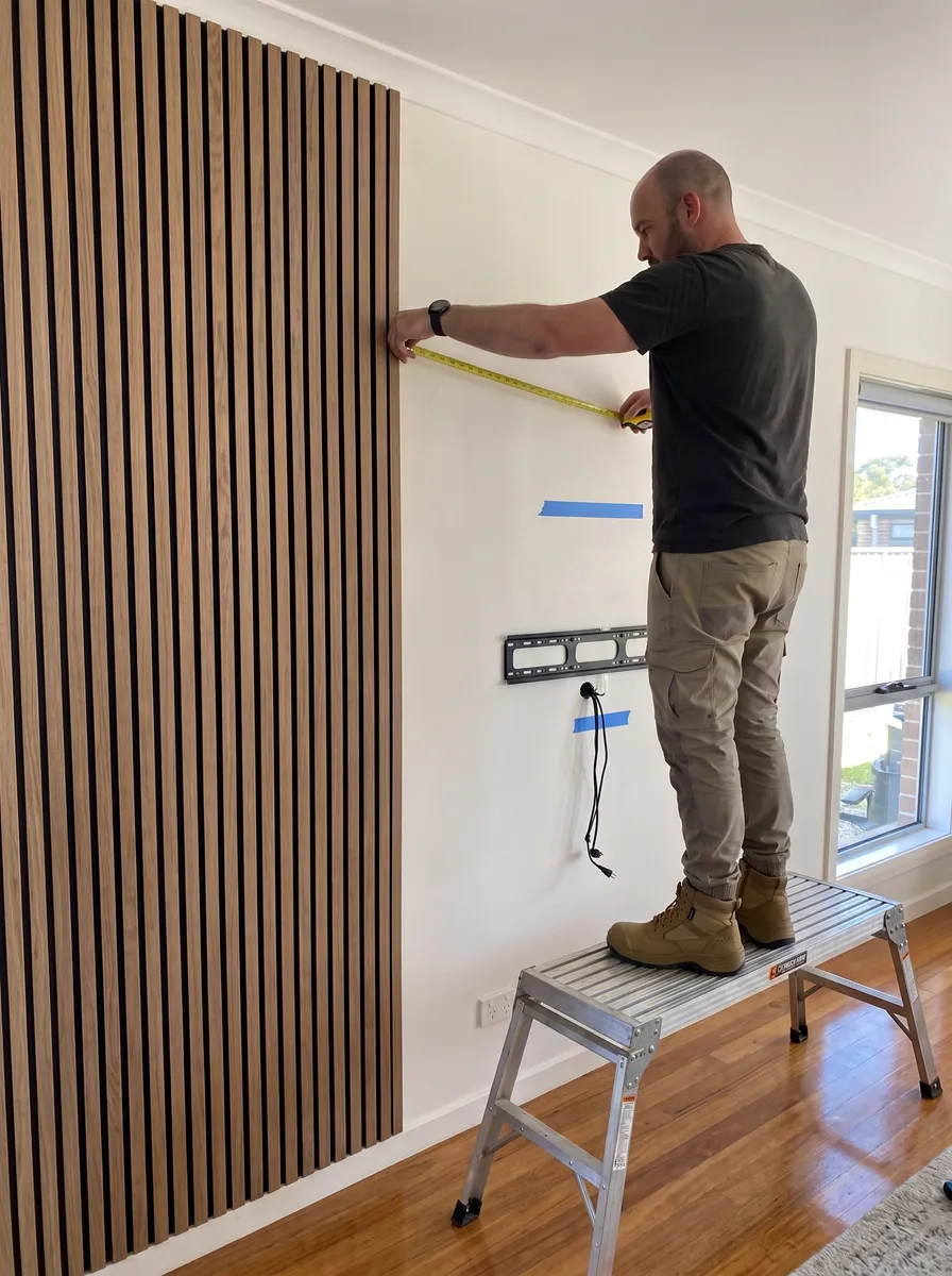 Wall Wizard installer Lina measuring an installed timber slat feature wall from a step ladder