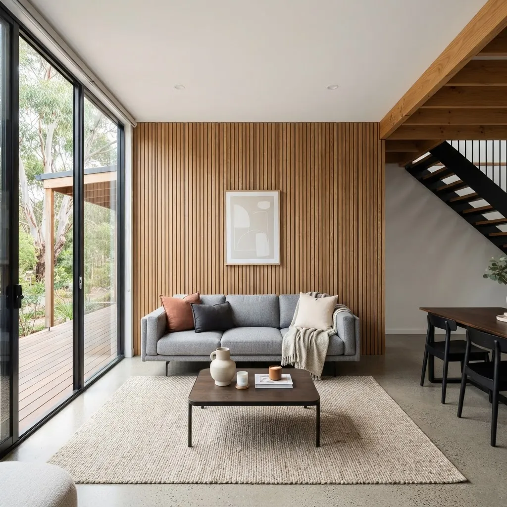 Melbourne living room with natural oak acoustic slat wall panels installed