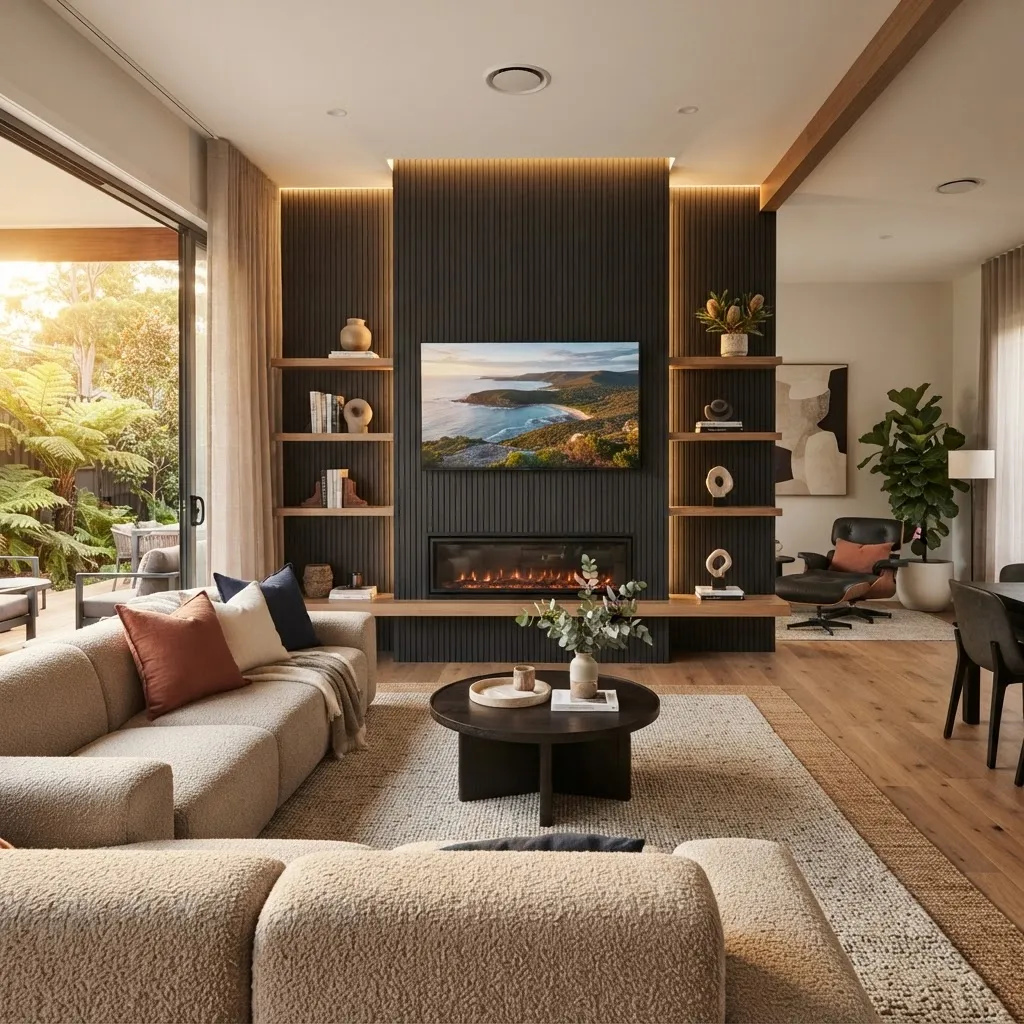 Melbourne lounge media wall with a linear electric fireplace and LED lighting