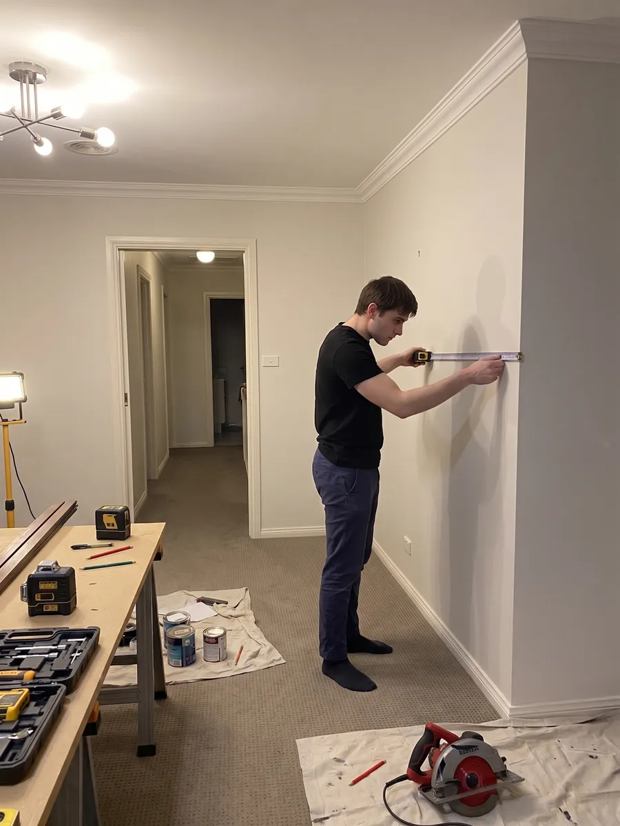 Wall Wizard's Manning marking out a wall before a timber slat panel installation