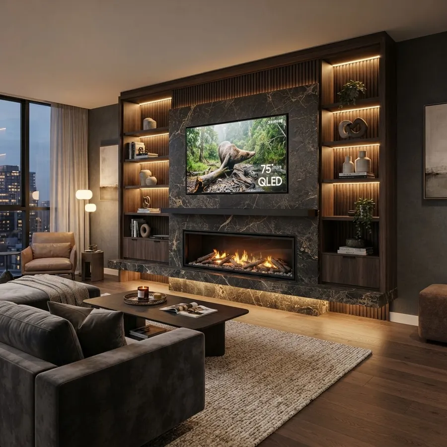 Luxury Melbourne media wall with a built-in electric fireplace