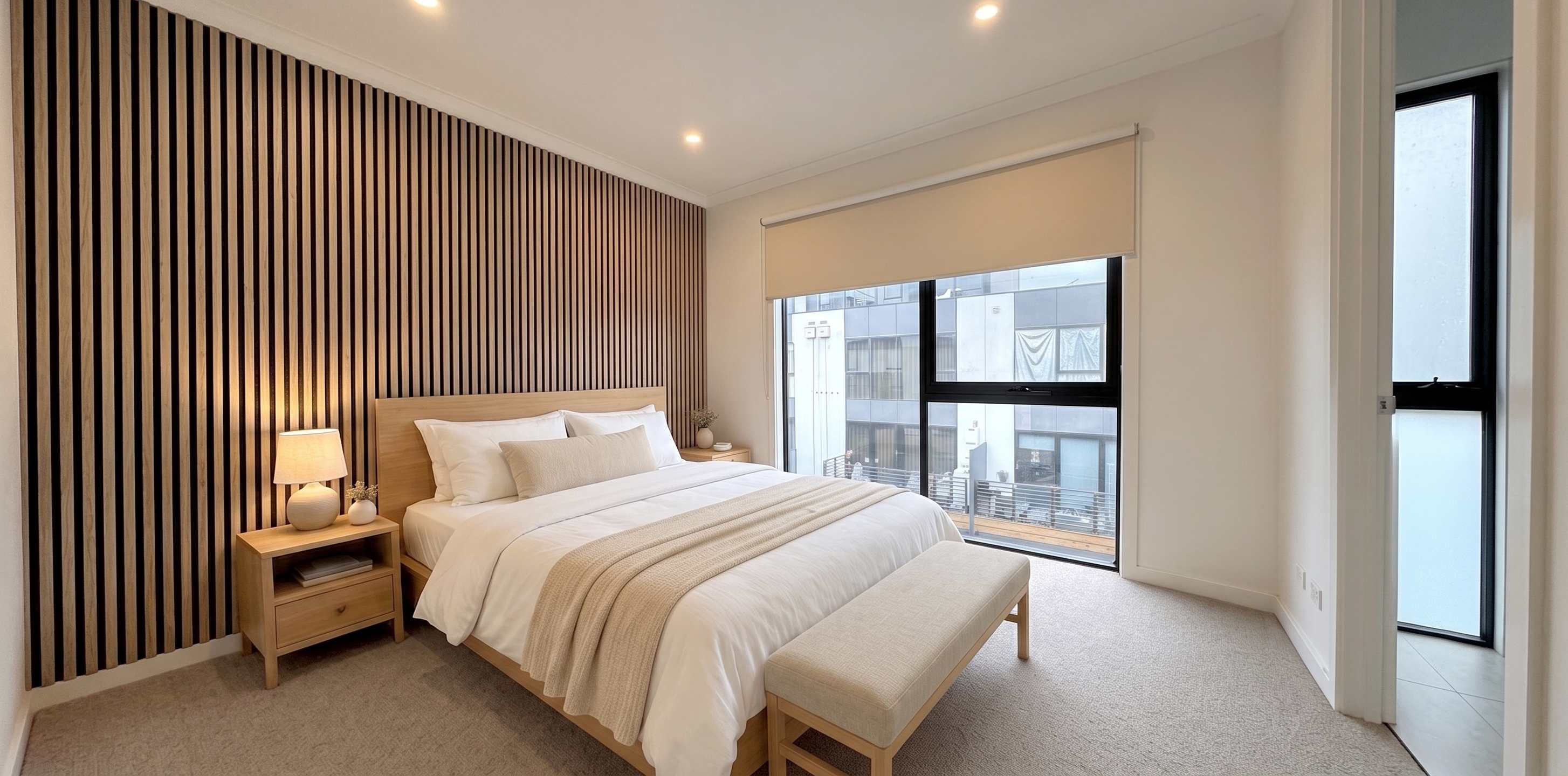 Natural oak acoustic timber feature wall behind the bed in a Melbourne apartment bedroom