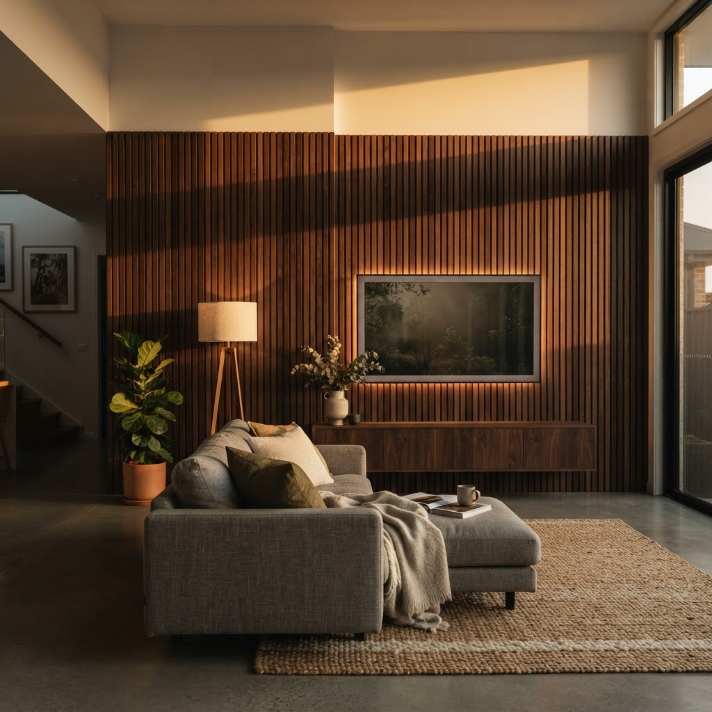 Dark walnut timber slat feature wall with a flush-mounted TV in a warm Melbourne living room